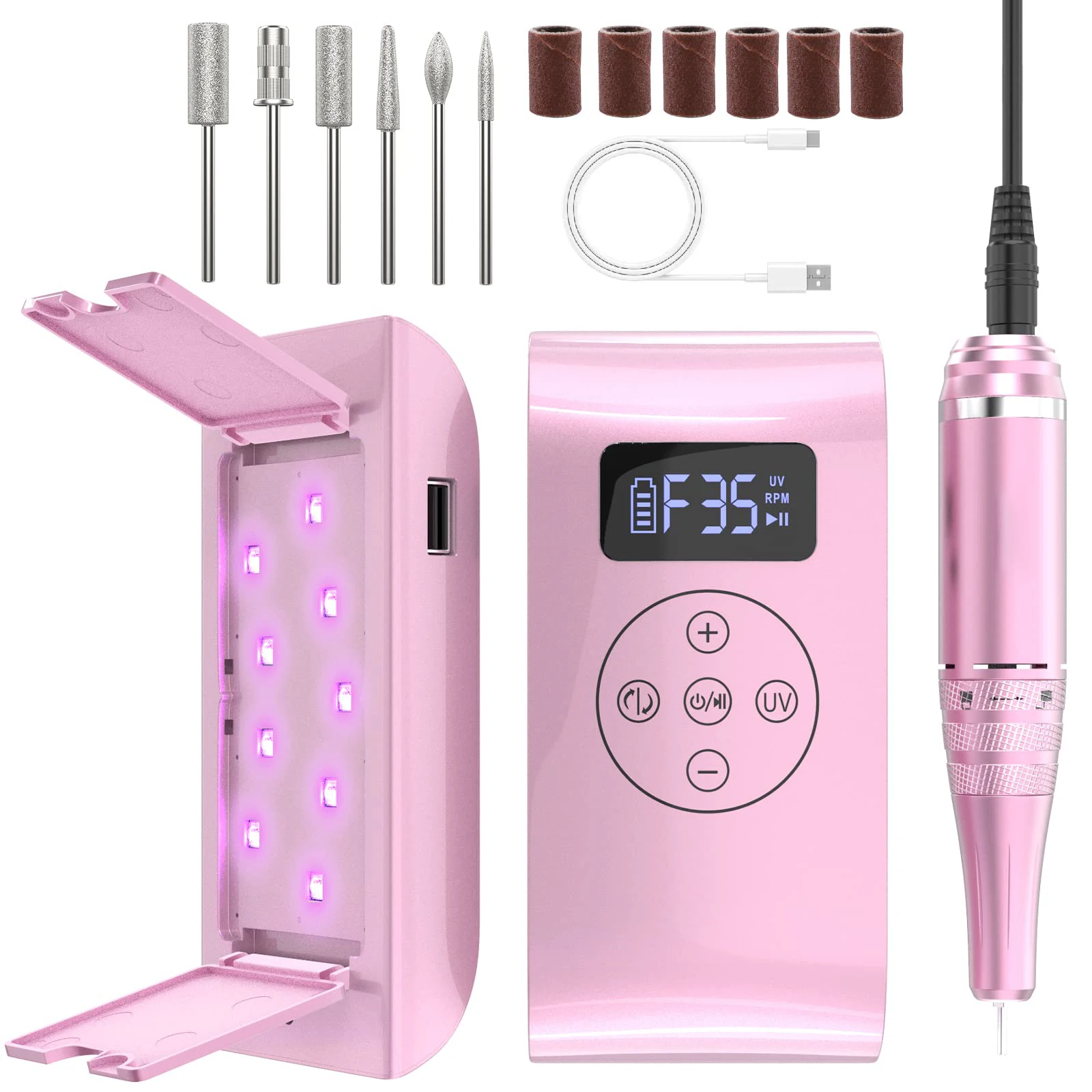 

2022 hot-sell 2 in 1 nail drill with uv lamp portable e file strong 35000 rpm electric rechargeable nail machine drill