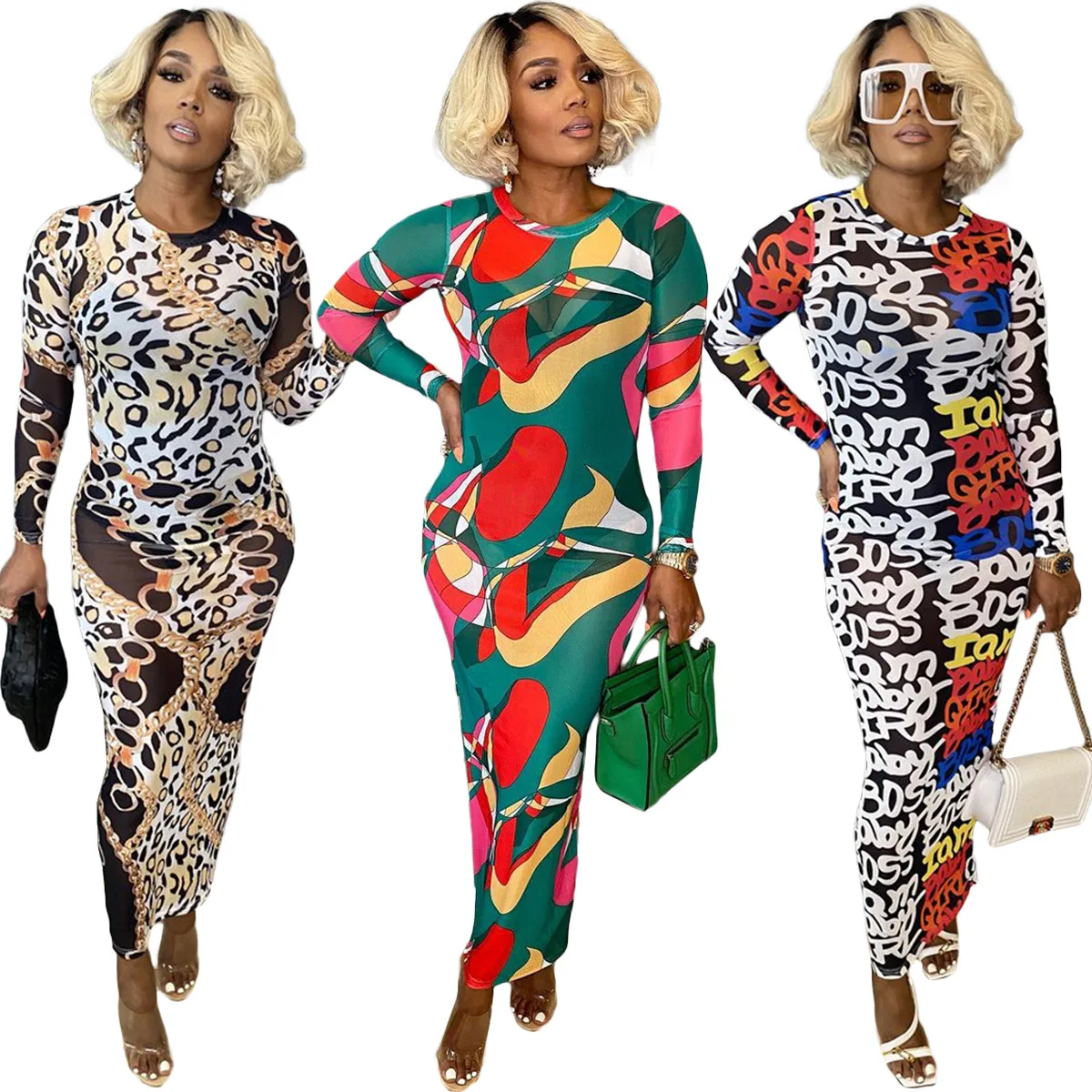 

Fall 2021 Women Dresses Mesh See Through Leopard Letter Print Sexy Women Dress Bodycon Long Sleeve Woman Fall Dress, Picture color