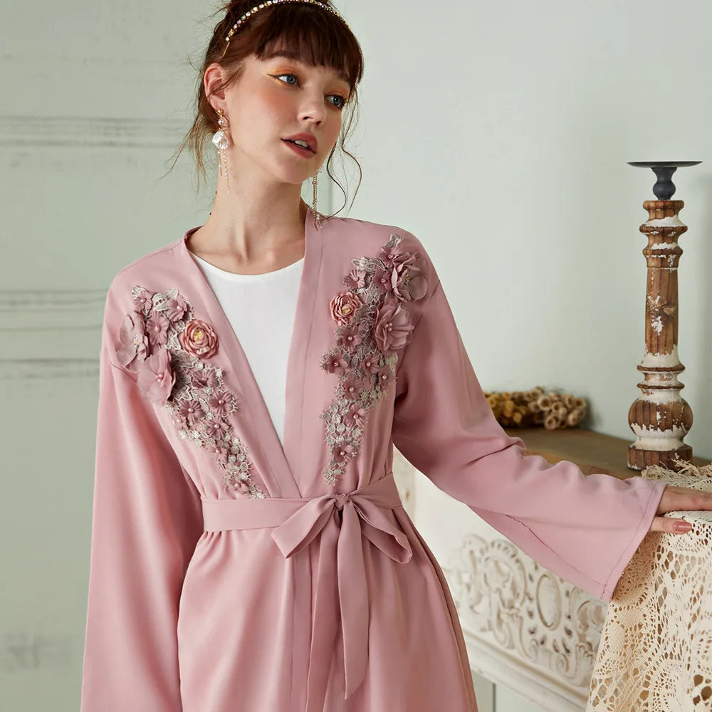 

Latest Handmade Flower Muslim Islamic Open Abaya Kimono Maxi Dress, Pink