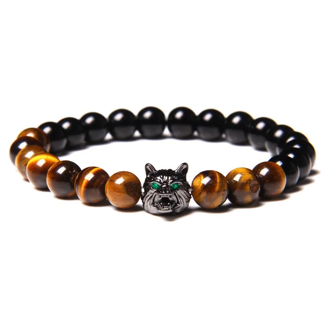 

European Hot Selling Men's Jewelry Ethnic Elastic Natural Matte Black Onyx Tiger Eye Stone Wolf Head Charm Bracelet, Brown