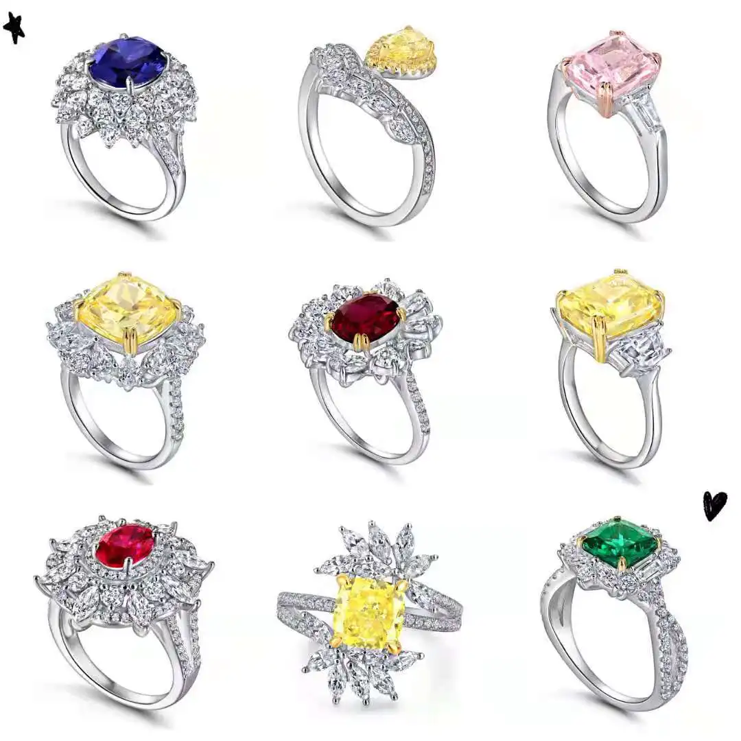 

New European And American Shiny S925 Silver Flower Shape High Carbon Diamond Color Gem Ring Female Oval Color Gem Rings