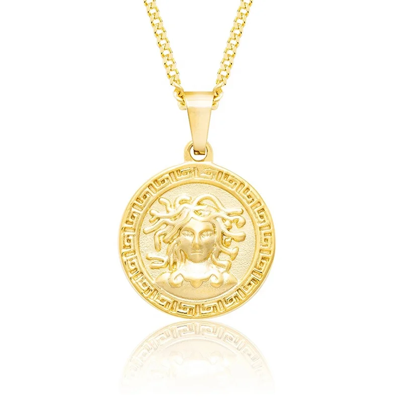 

2021 street wear hip hop stainless steel medusa coin men jewelry gold necklace