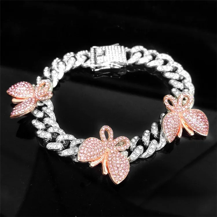 

New fashion girls 8mm single row diamond feet decorated with Cuban chain 3 butterfly anklets, Silver,gold,rose gold