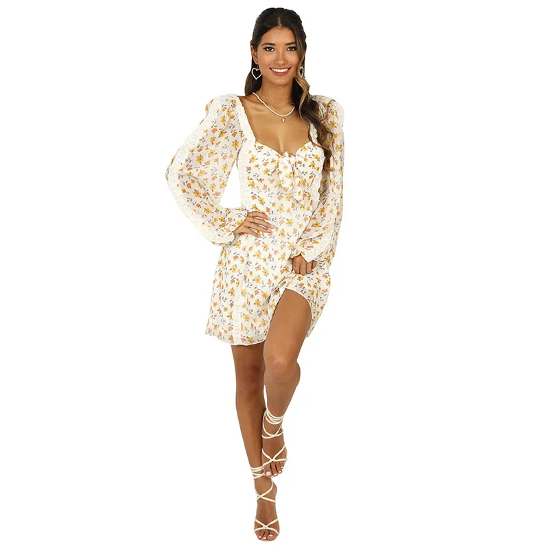 

Spring Mini Floral Ruffle Off Shoulder Long Sleeve Dress Women, Picture color