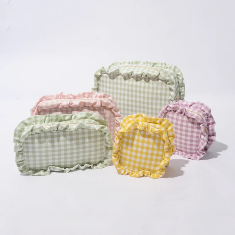 

RTS Stock Polyester Custom Glitter Patches Personalized Gingham Women Lady Ruffle Travel Toiletry Storage Makeup Cosmetic Bag