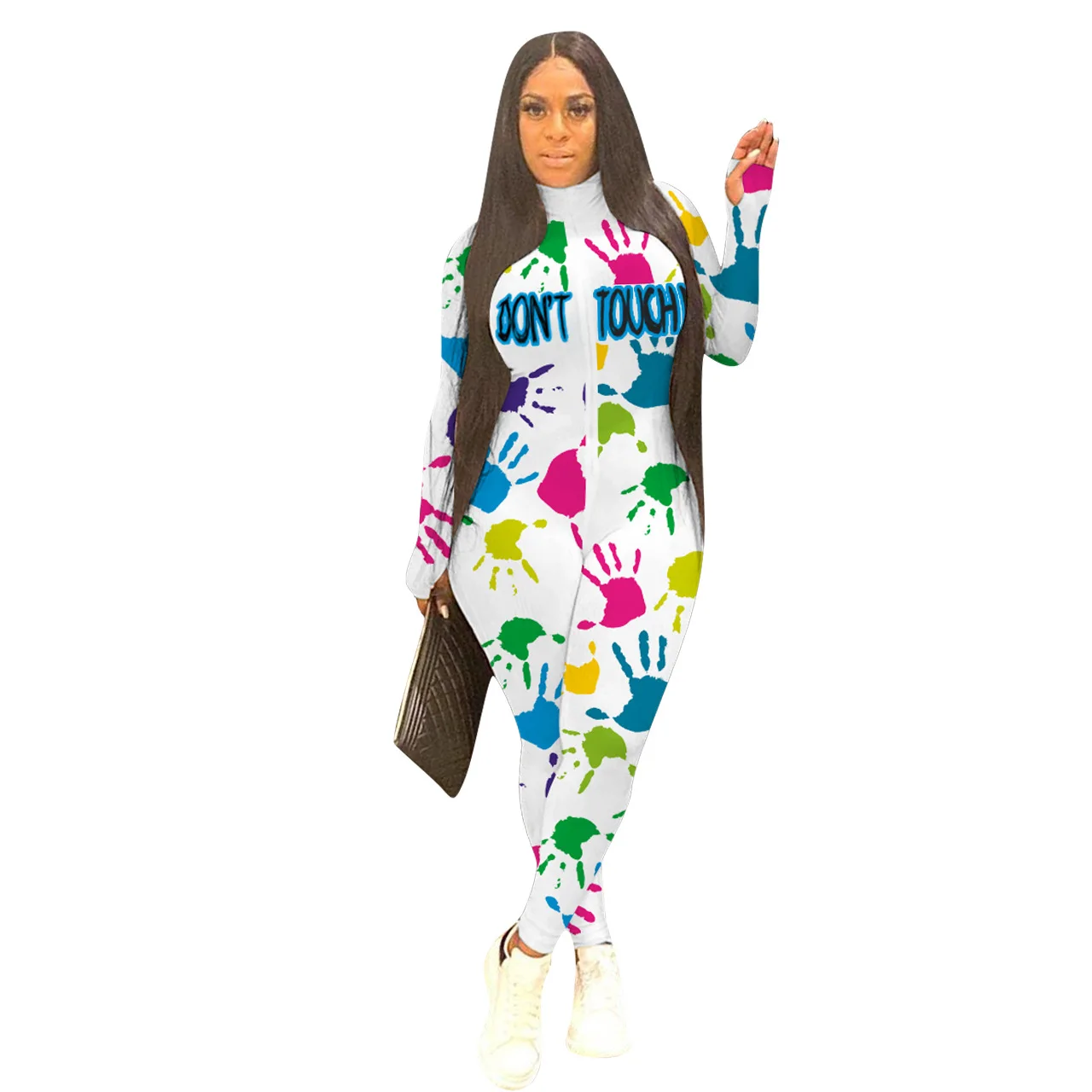 

2021 New Spring Fashion Ribbed Printed Zipper Sports Jumpsuit