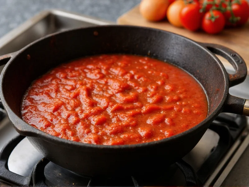 Simmering tomato sauce in cast iron pot on stove