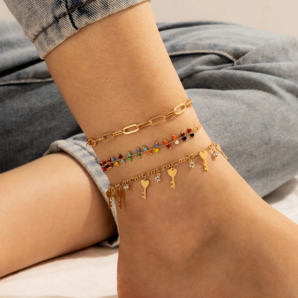 

3 Pcs/Set Classic Women Anklets Colorful Bead Heart Key Round Crystal Pendant Gold Anklet Set Fashion Summer Foot Beach Jewelry