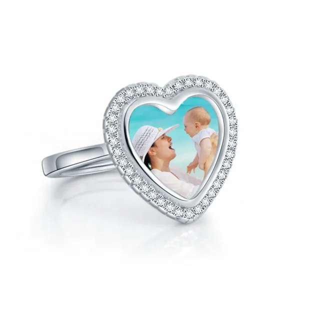 

DIY 925 Sterling Silver Heart  Personalized Blank Photo Frame Adjustable Finger Ring