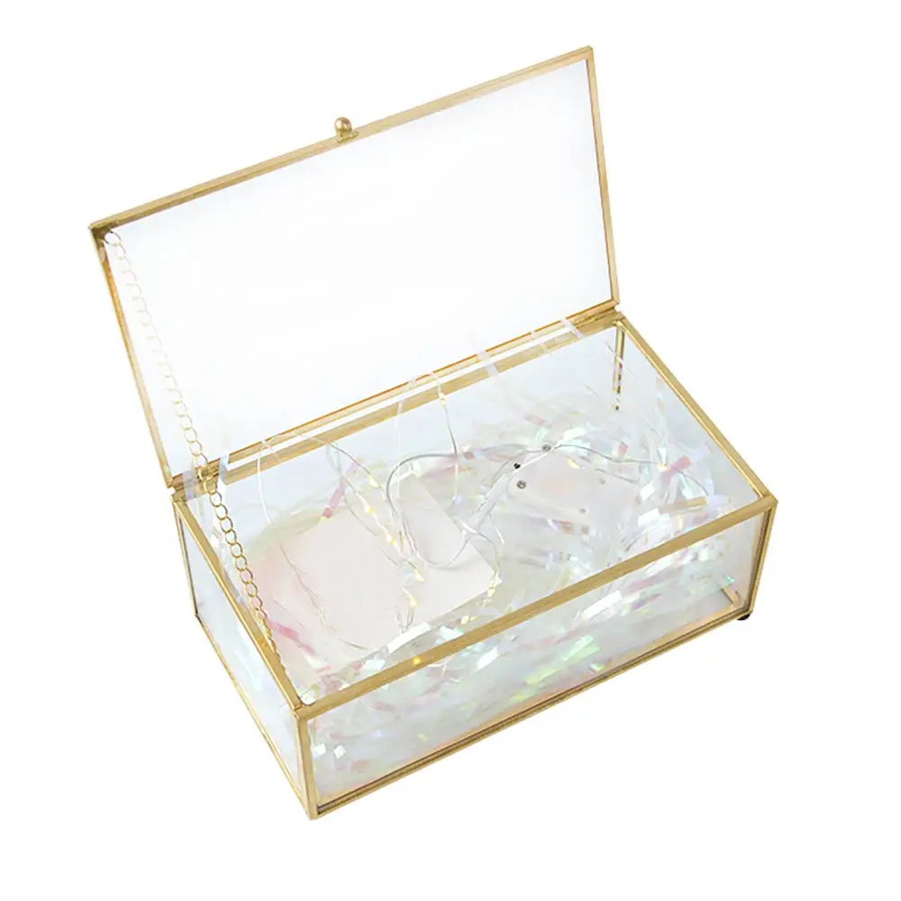 

Glass Jewelry Box Rectangle Transparent Trinket Organizer With Golden Edge And Lid, Golden and transparent