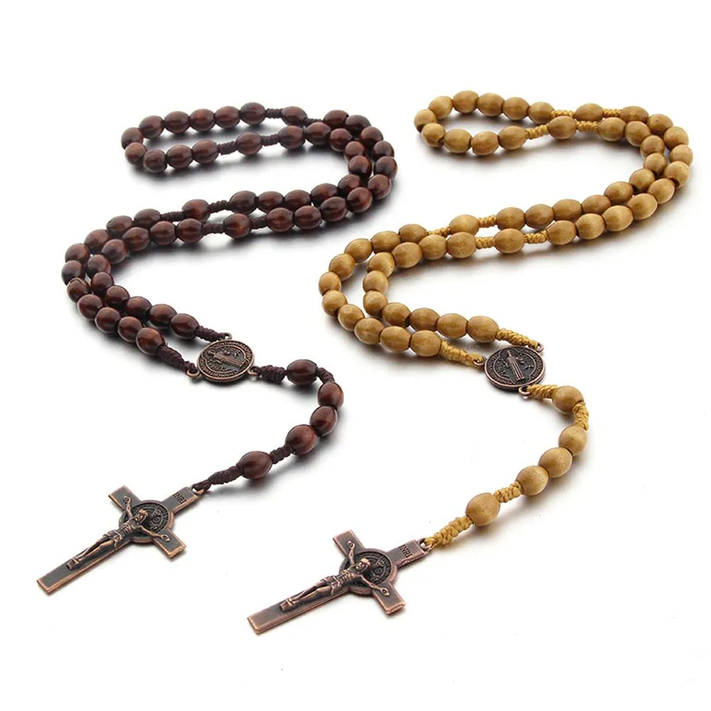 New Design Catholic Rosary Necklace Wood Beads Handmade  Rosary Beads Cross Macrame Ajustable Beaded Long Jesus Rosary Necklace