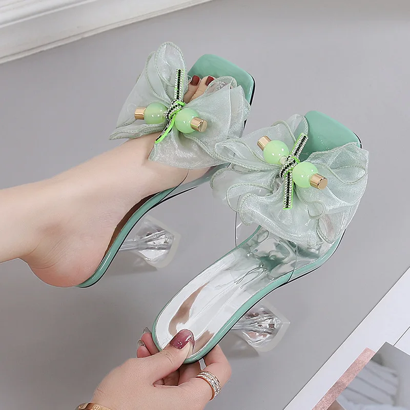 

Unique design jewelled embellished bow decor women slipper sandal crystals high heel lady mules clear strap female slides
