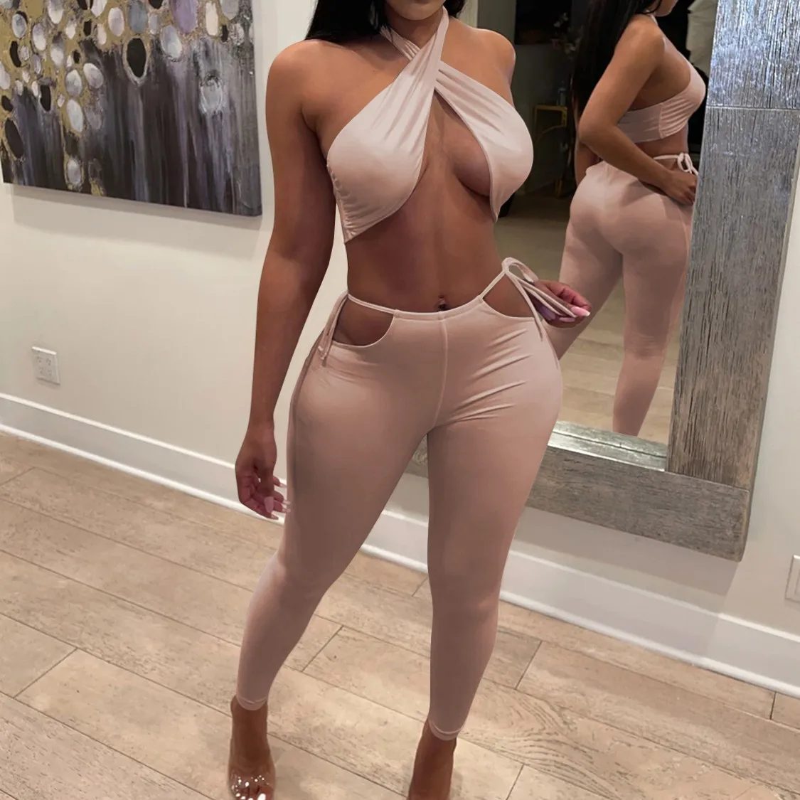 

2021 Summer Women Clothing New Arrivals Outfits Woman Female Crop Top And Trouser Sexy Halter Top Two Piece Pants Set, Peach,beige