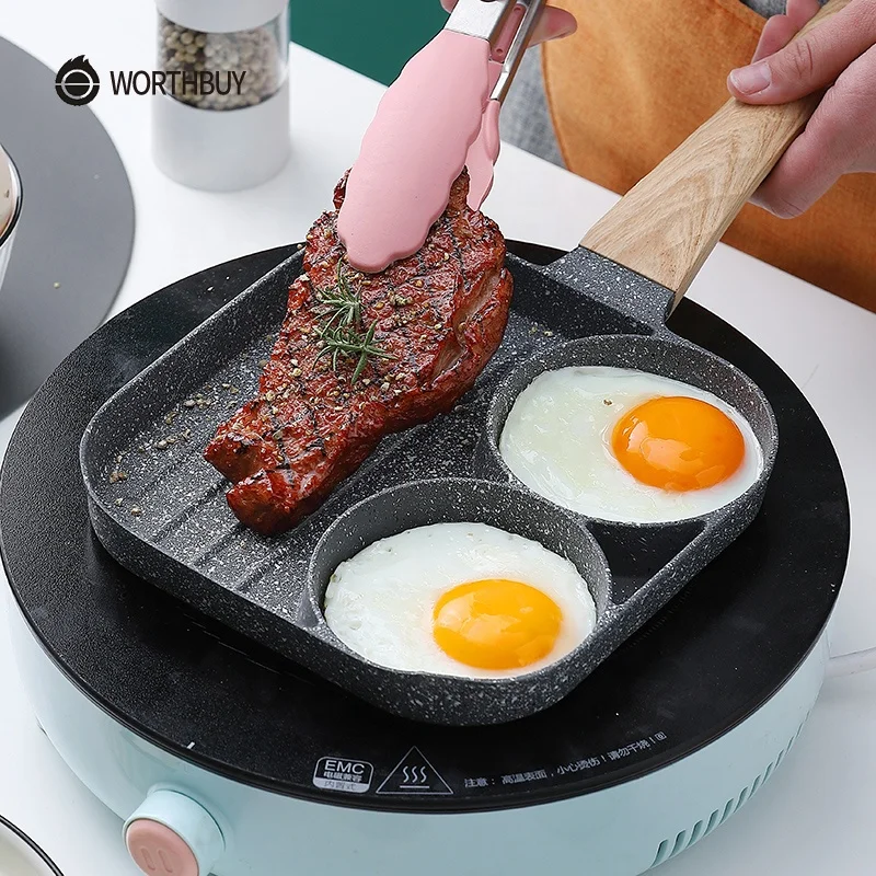 

WORTHBUY Multifunctional Frying Pan With Four-Hole Non-Stick Saucepan For Breakfast Maker Omelet Steak Egg Pancake Pan Cookware, Black