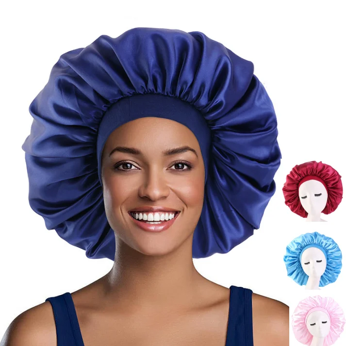 Wholesale  Large Size Women Solid Satin Sleep Bonnet For Curly Hair Lady Bonnet Hat