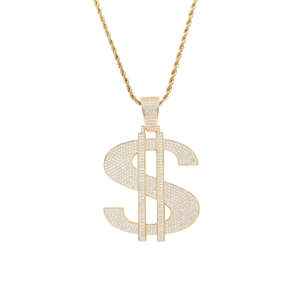

TUNKALL CN239 Large US dollar Pendant Brass Setting CZ Iced Out Cubic Zircon Necklace Hip Hop Necklaces Rock Jewelry