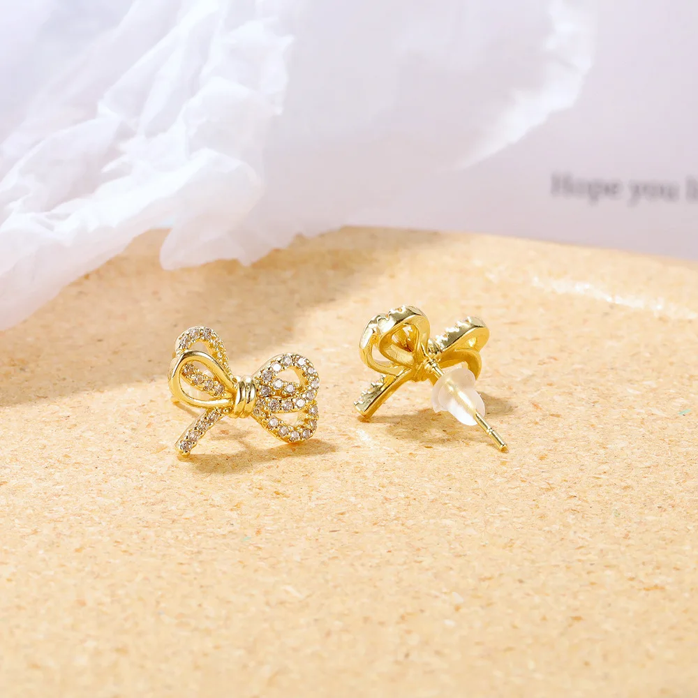 

Stylish Gold Plated Bowknot Stud Earring Bling Cubic Zircon Bowknot Piercing Earring For Women