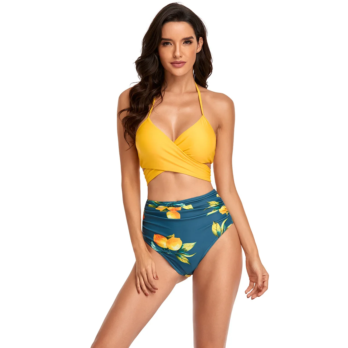 

Floral Hem Bikini Set Women Flora V-neck High-waisted Two Piece Swimsuit 2021 Girl Beach Bathing Suit Swimwear Biquinis Push Up