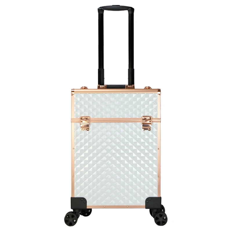 

2021 Hot Sale Trolley Cosmetic Makeup cases aluminum beauty hree-layer foldable professional cosmetic case portable