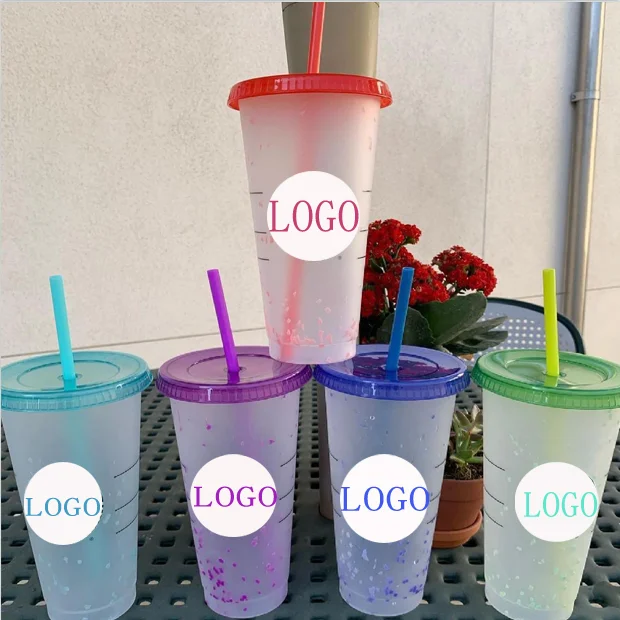 

2021 New Color Confetti Cups BAP Free 24OZ Coffee Color Change Cups With Lip Straws, Customized color
