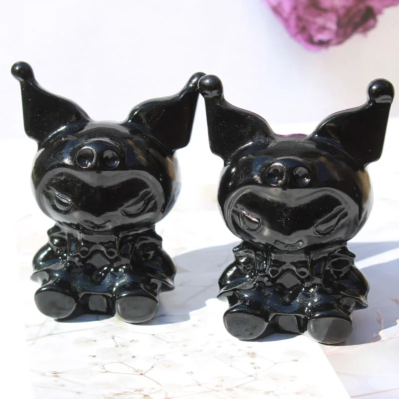 

Wholesale Price 3inch Natural Black Obsidian Crystal Cartoon Movie Figure My Melody Kuromi Caving Craft