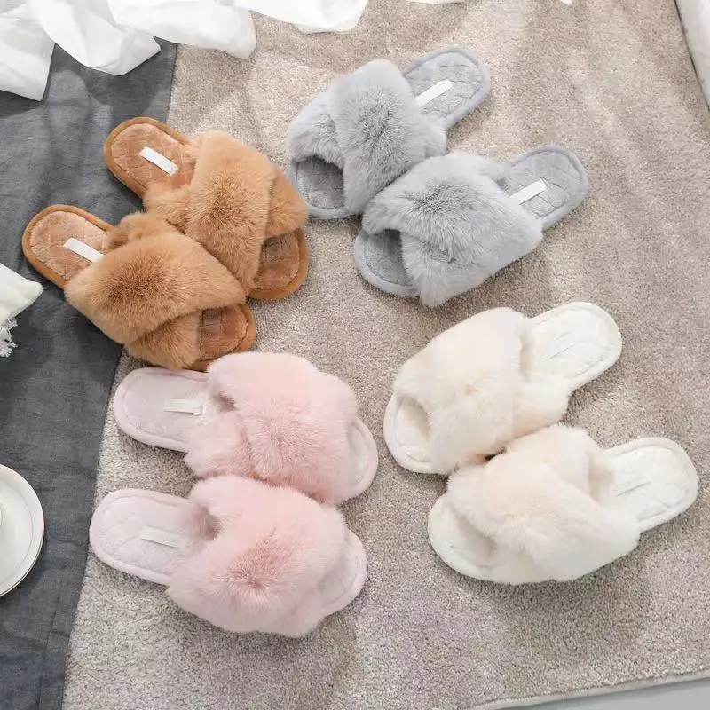 

Amazon hot selling customized LOGO Wholesale High Quality cross band furry fur slippers ,warm plush bunny rabbit warm slippers, As picture