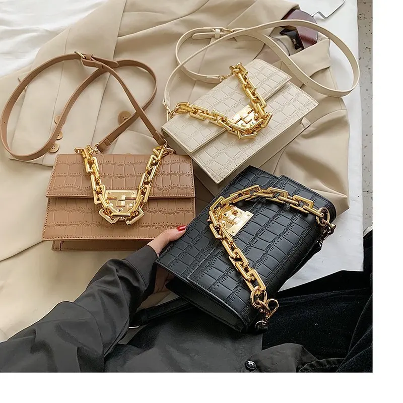 

2020 fashion black white brown pu leather gold chain purse and handbag shoulder crossbody bag for women
