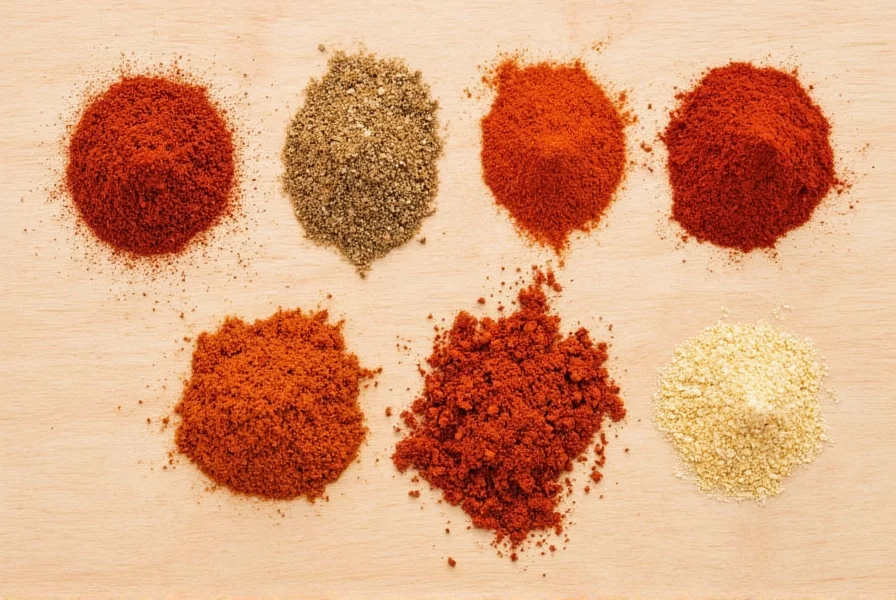 Close-up of various dried chili peppers, cumin seeds, garlic cloves, and oregano leaves arranged on wooden table