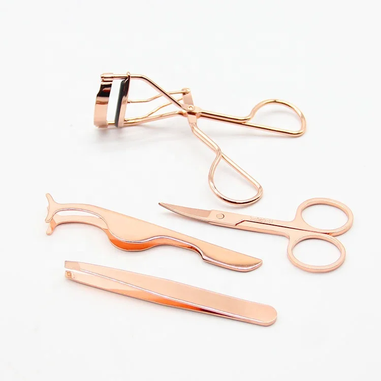 

Cheap factory price 4-pieces Stainless Steel Eyelash Curler Rose Gold Eyelash Curler Applicator Eyebrow Tweezers Set