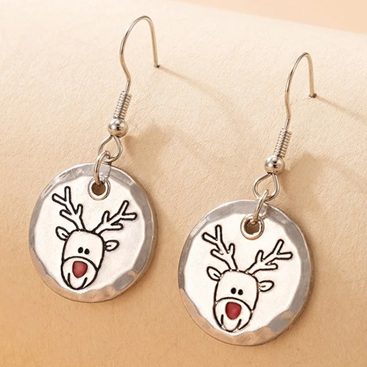 

Cute Christmas Elk Dangle Earrings For Women Xmas Round Circle Deer Girl Christmas New Year Jewelry Gifts, Siver