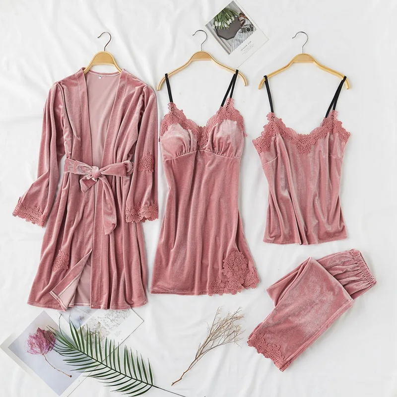 

Flannel Pajamas 4 Pieces robe de soire femme with Lace Appliques Sexy Lingerie Woman, Purple, black, burnt orange and etc