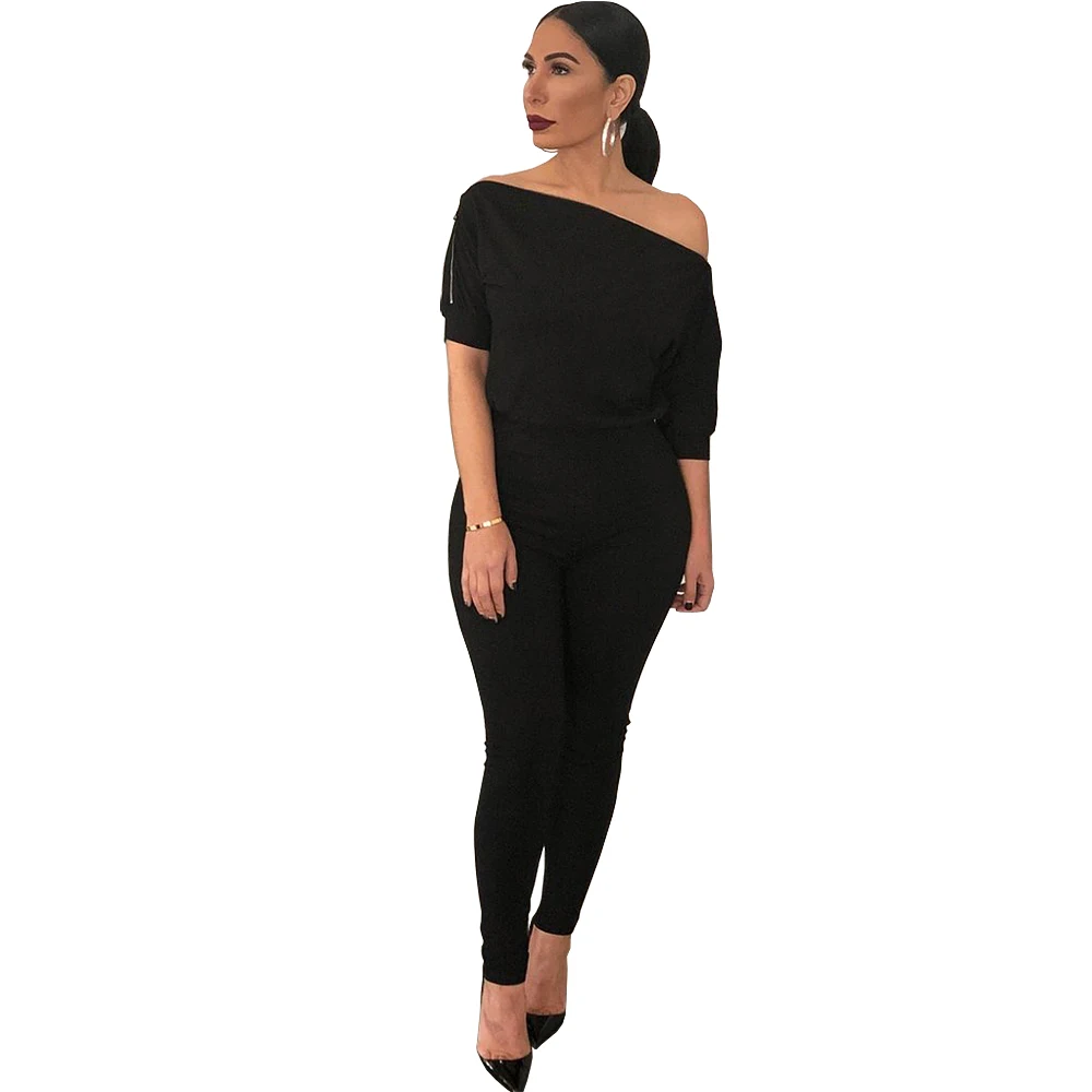 

sexy elegant one-shoulder loose top slim bottom jumpsuits for women with side zipper, Black