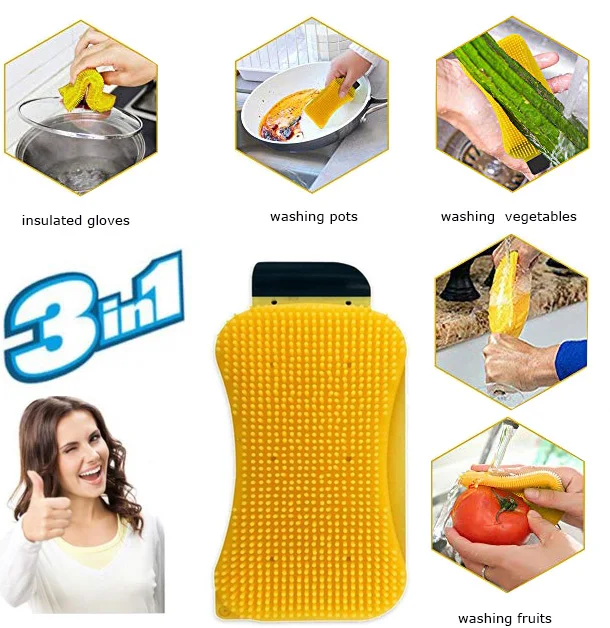 

Multi-Functional Silicone Sponge, 3 in 1 Silicone Brush Scrubber Scraper Cleaning Brush for Kitchen and Bathroom Cleaning, Yellow/green/orange