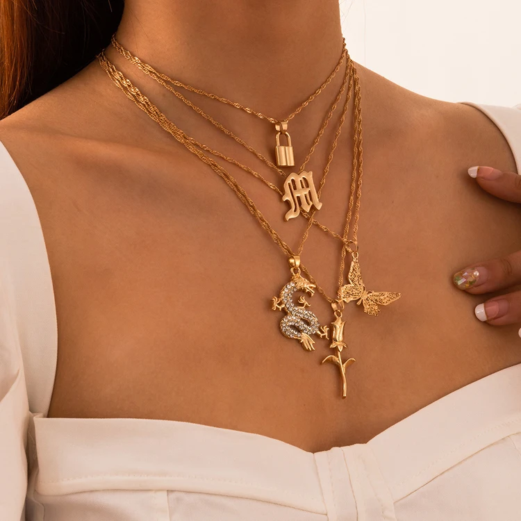 

Personalized design metal lock multi-layer chain clavicle chain rose flower butterfly pendant necklace female party accessories
