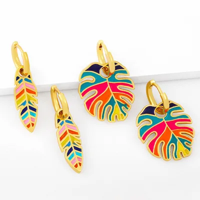 

Bohemia Rainbow Leaf Oil Drop Hoop Earrings Personalized Colorful Big Leaf Enamel Earrings For Women Girls