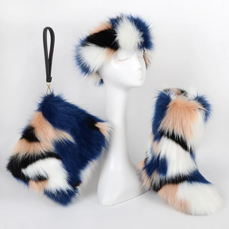 

Jtfur Mixed Multiple Color Ankle Faux Fox Fur Lined Faux Fur Knee Snow Boots Headband Purse Set, Customized color