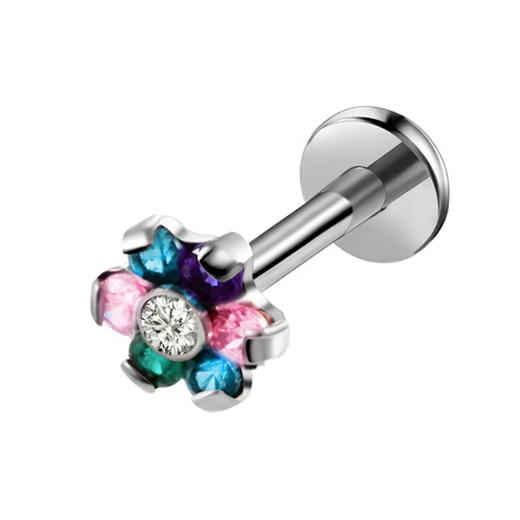 

new flower design silver color 316L surgical stainless steel labret ear cartilage body piercing jewelry for man woman