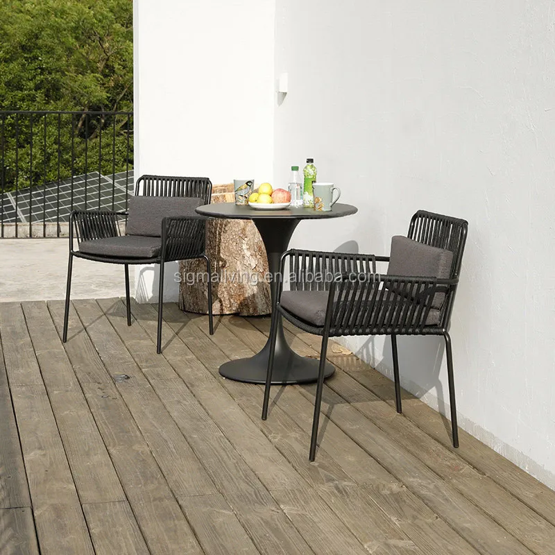 Nordic Style Cheap Hotel Patio Outdoor Garden Metal Iron Aluminum Frame Table Chairs Rope Dinning Furniture Set