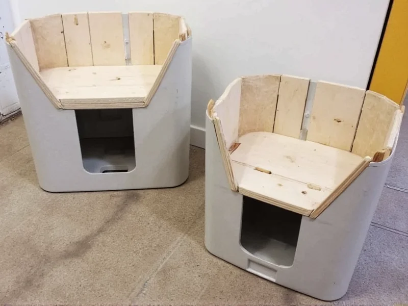 Three DIY litter box designs using recycled plastic bins and wood