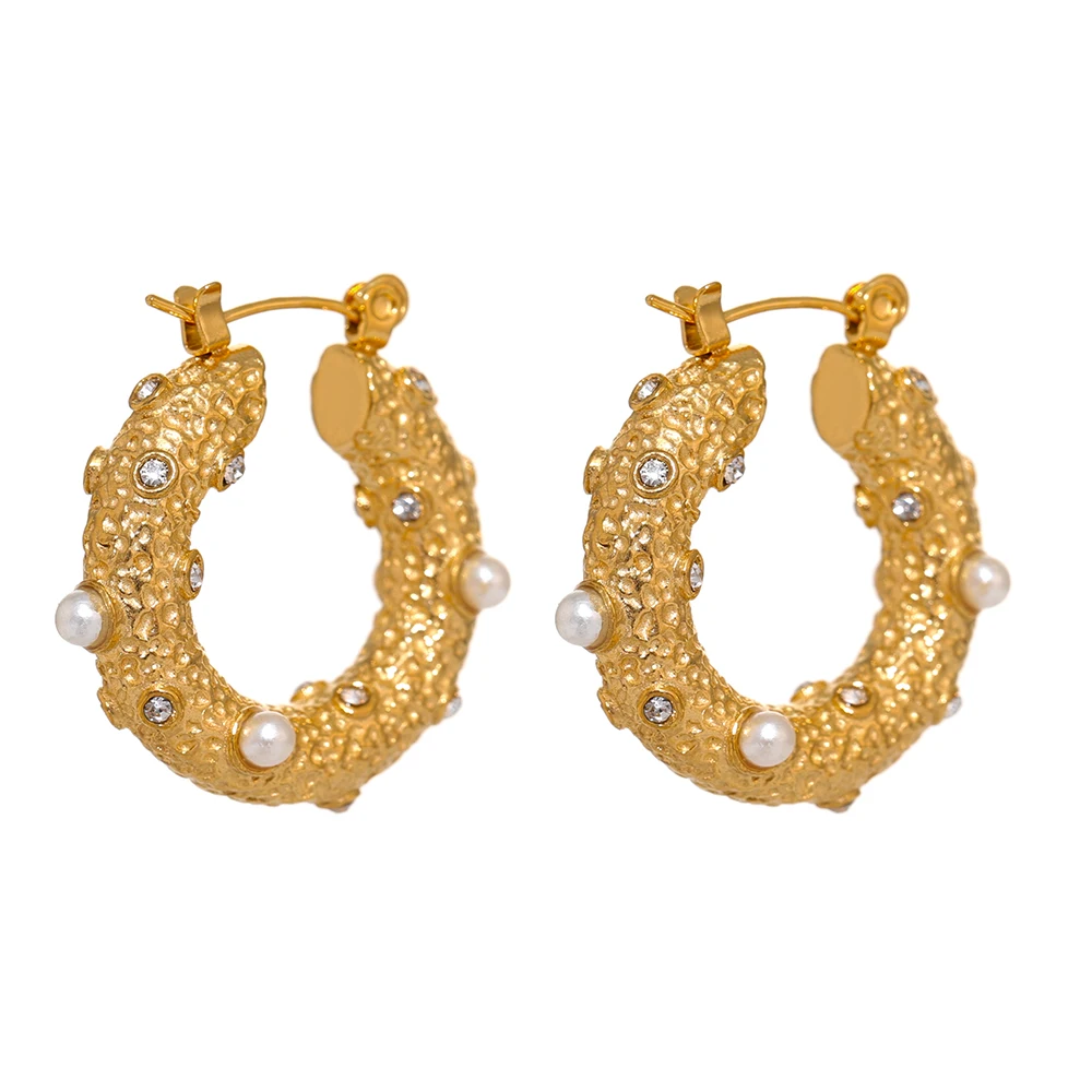 

JINYOU 547 Trendy Pearl Zircon Huggie Earrings New Stainless Steel Jewelry Golden Round Hoop Earrings