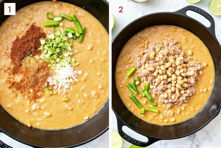 Step-by-step preparation of creamy white bean chili with ground turkey in a cast iron pot showing ingredients like white beans, green chilies, and fresh lime