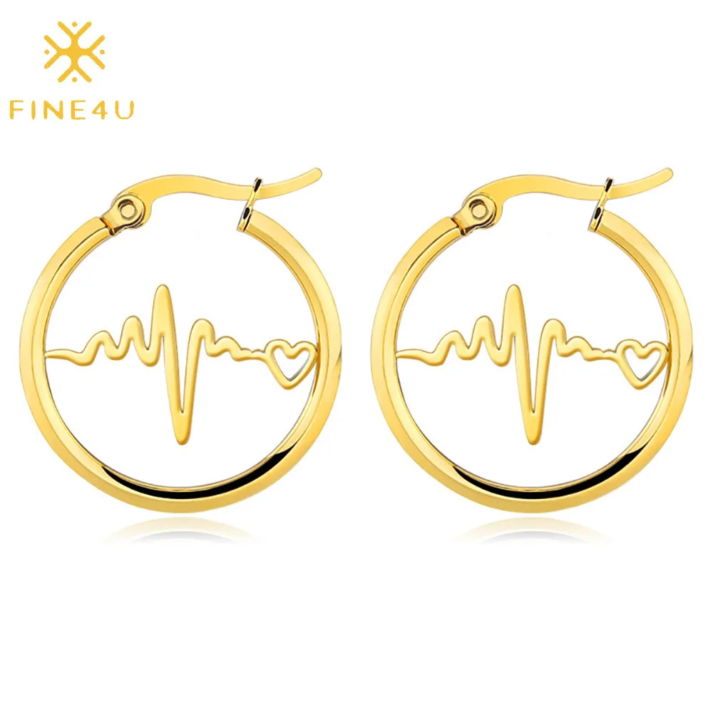 

Fashion round heartbeat stethoscope stainless steel gold huggie earrings, Steel/gold/rose gold