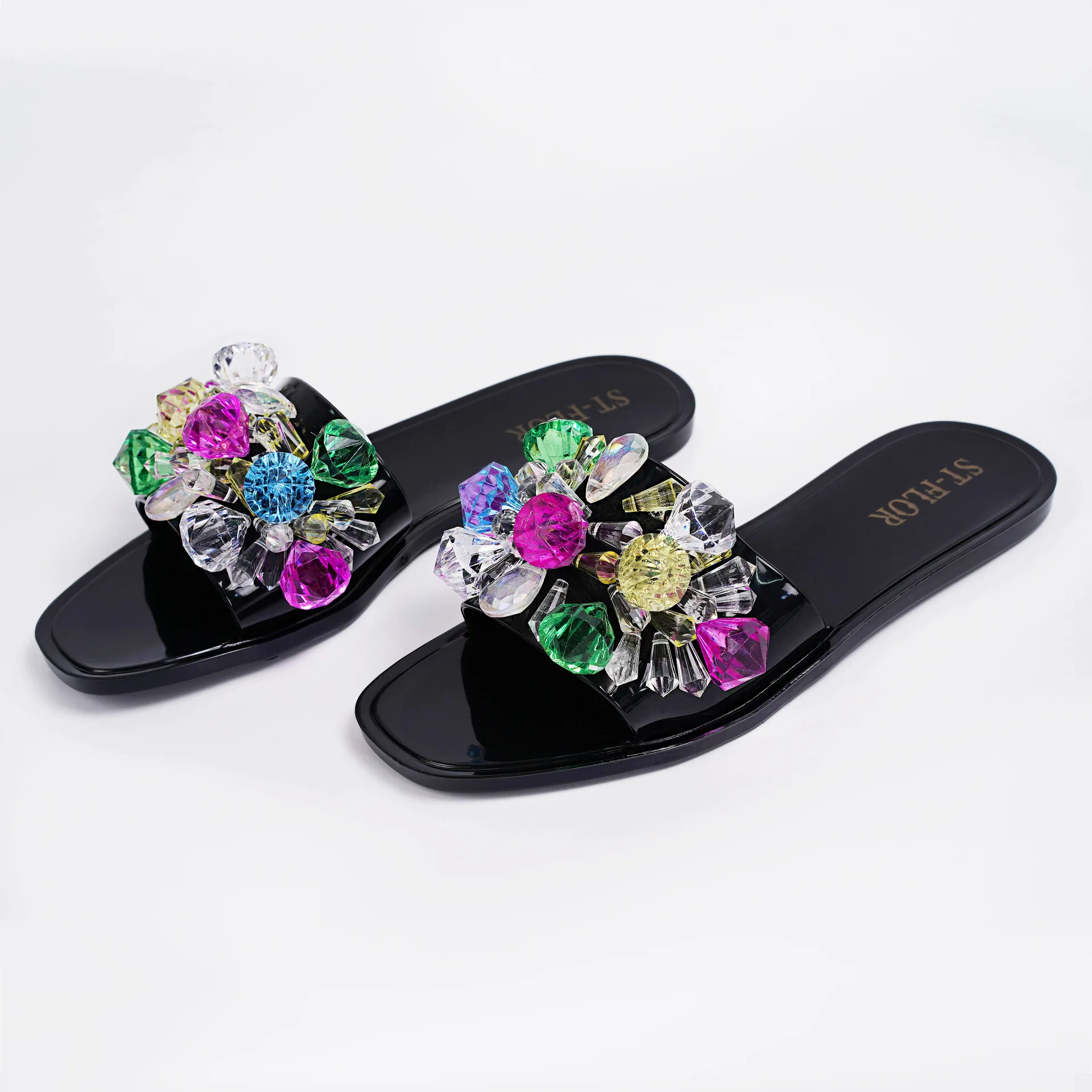 

Dropshipping 2022 rhinestone luxury shoes crystal outdoor flat sandals women jelly shoes slippers