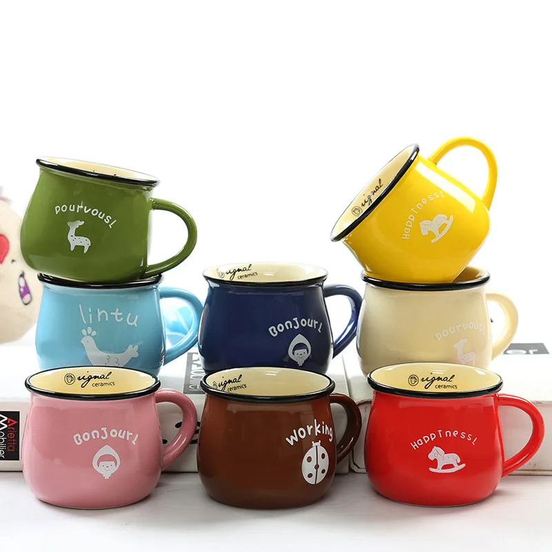 

Seaygift personalised 150/250/350ml custom logo enamel milk tea gift mug ceramic enamel coffee cups mugs with lid, Black/pink/blue