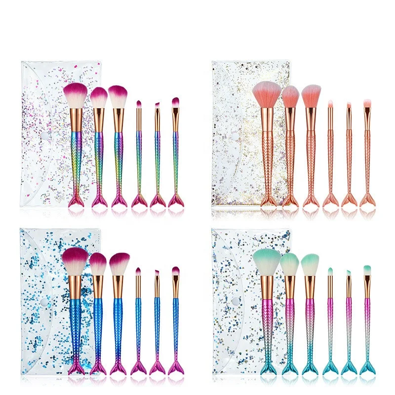 

Portable 6 Pcs Mermaid Makeup Brush Set Colorful Gradient Fishtail Handle Eyeshadow Brush With PVC Bag, Pics