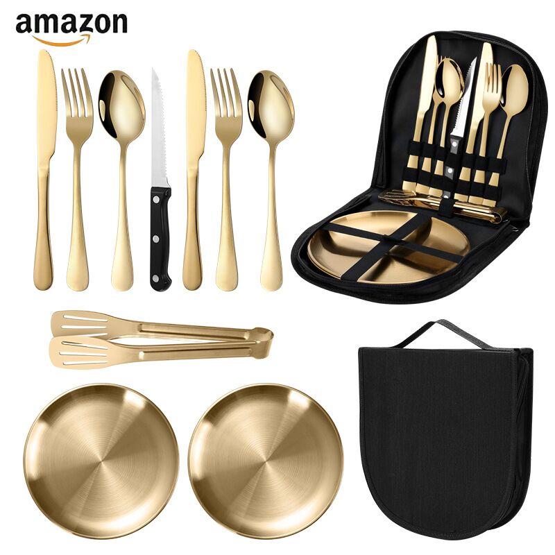 

Hot sale Picnic Camping Cutlery Plate Food Tong Fork Spoon Knife Set Stainless Steel Travel Cutlery Set with storage bag