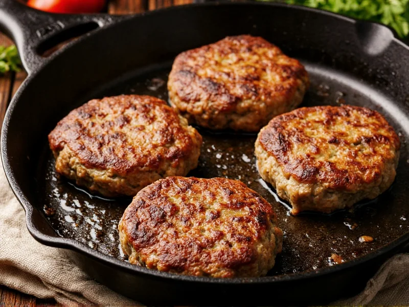 Golden-brown Salisbury steak patties sizzling in cast iron skillet