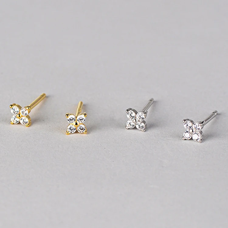 

wholesale minimalist gold plated dainty 925 sterling silver tiny diamond flower stud earrings for women