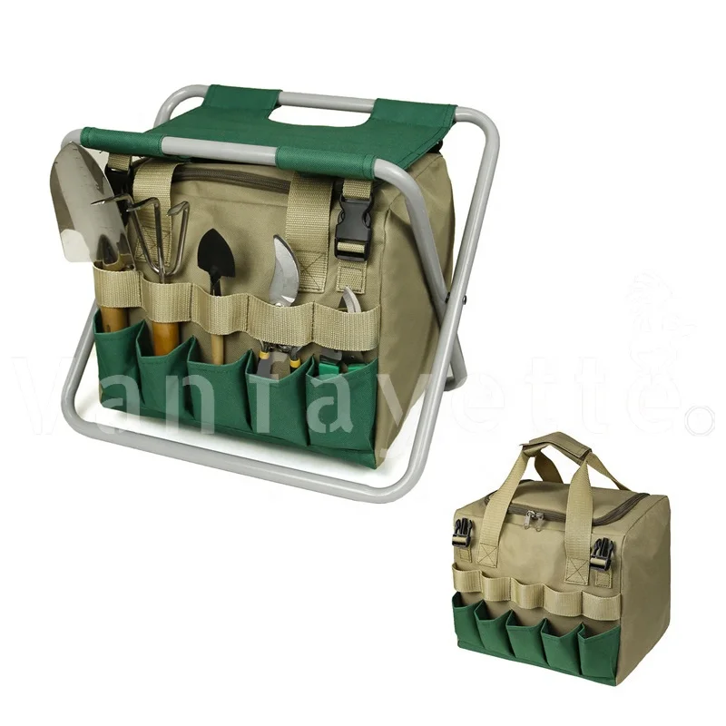 

Folding Garden Folding Stool Tool Bag Garden Tool Organiser Bag Garden Tool Bag, Green&khaki