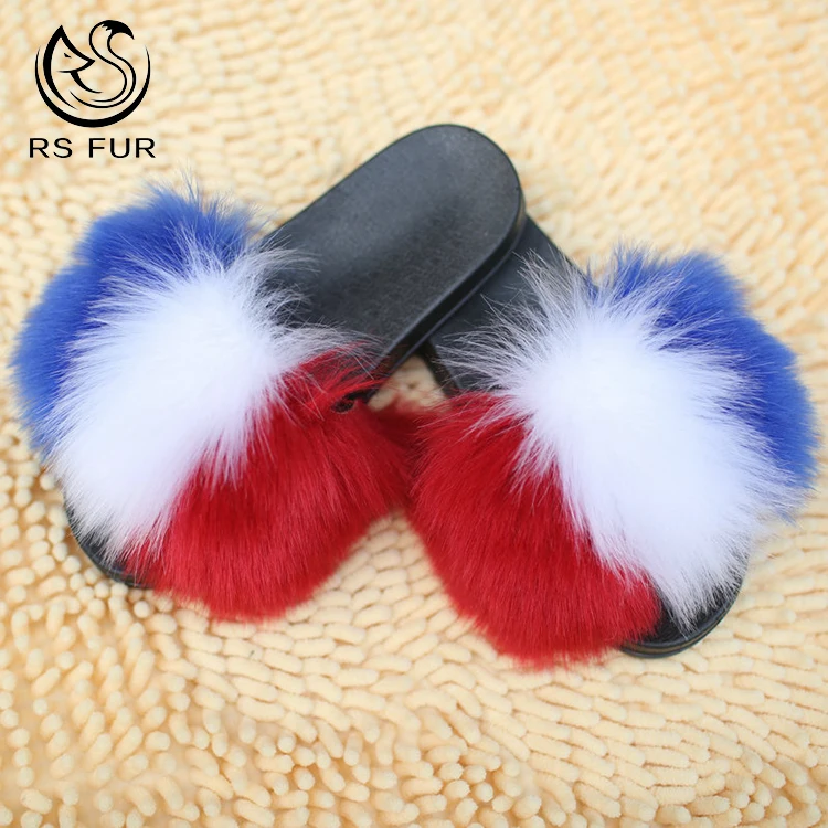 

Wholesale winter womens fluffy fake fur slipper faux raccoon fur slippers vendors, Pink,yellow,white,black,green,or custom